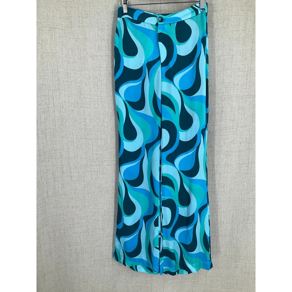 Zara Wide Leg Pants Womens XS Blue Psychedelic Swirl Retro High Waist NEW
